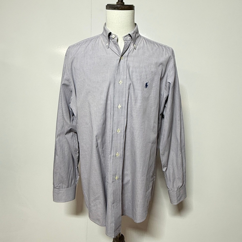 Ralph Lauren Dress Shirt Mens 16 Large Blue White Tan Yarmouth Plaid Long Sleeve - Picture 2 of 7